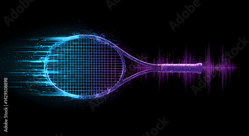 Tennis racket in motion with sound wave effects on black background  