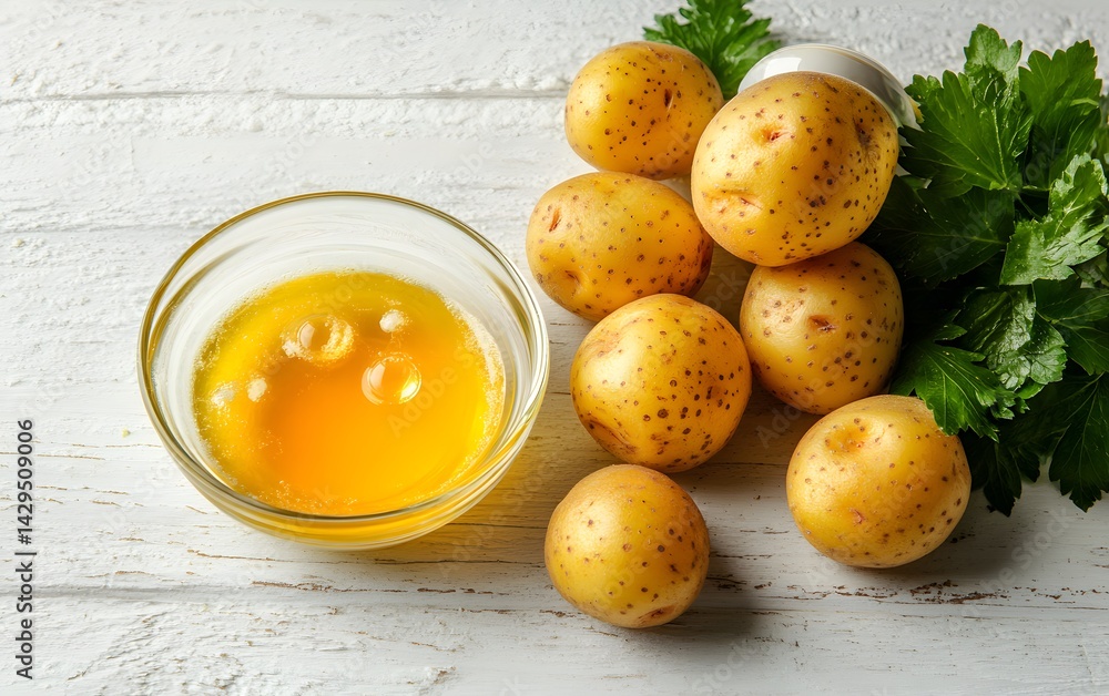 Delicious Yellow Potatoes with Melted Butter on Rustic White Wooden Table Delicious Yellow Potatoes with Melted Butter on Rustic White Wooden Table