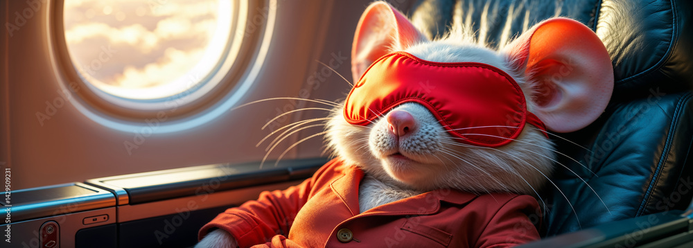 cute cartoon mouse sleeps with sleep mask on plane