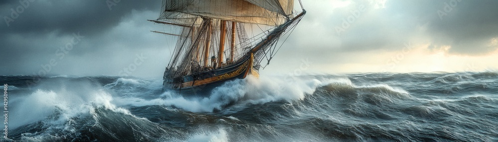 Obraz premium A sailing ship navigates through turbulent waters during a storm, showcasing its resilience against the elements
