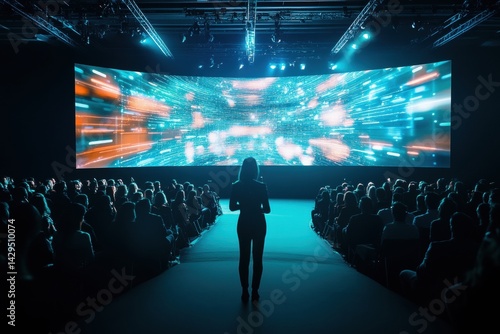 Digital projection of futuristic scene on stage in front of seated audience