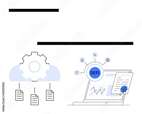 Gear and cloud with document sharing linked to blockchain-based decentralized finance process on laptop. Ideal for fintech, crypto, blockchain, finance, innovation, digital security, technology. Flat