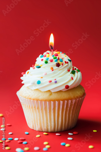 Birthday cupcake with candle and colorful sprinkles on red background. Birthday celebration concept.
