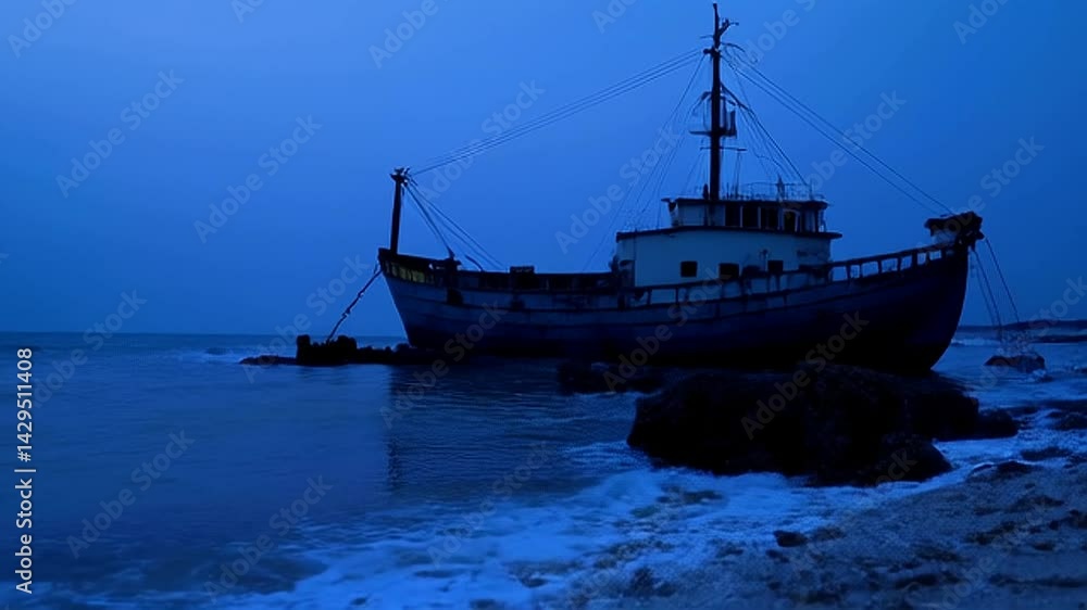 Docked Fishing Boat on Sandy Beach at Twilight with Gentle Ocean Waves Docked Fishing Boat on Sandy Beach at Twilight with Gentle Ocean Waves