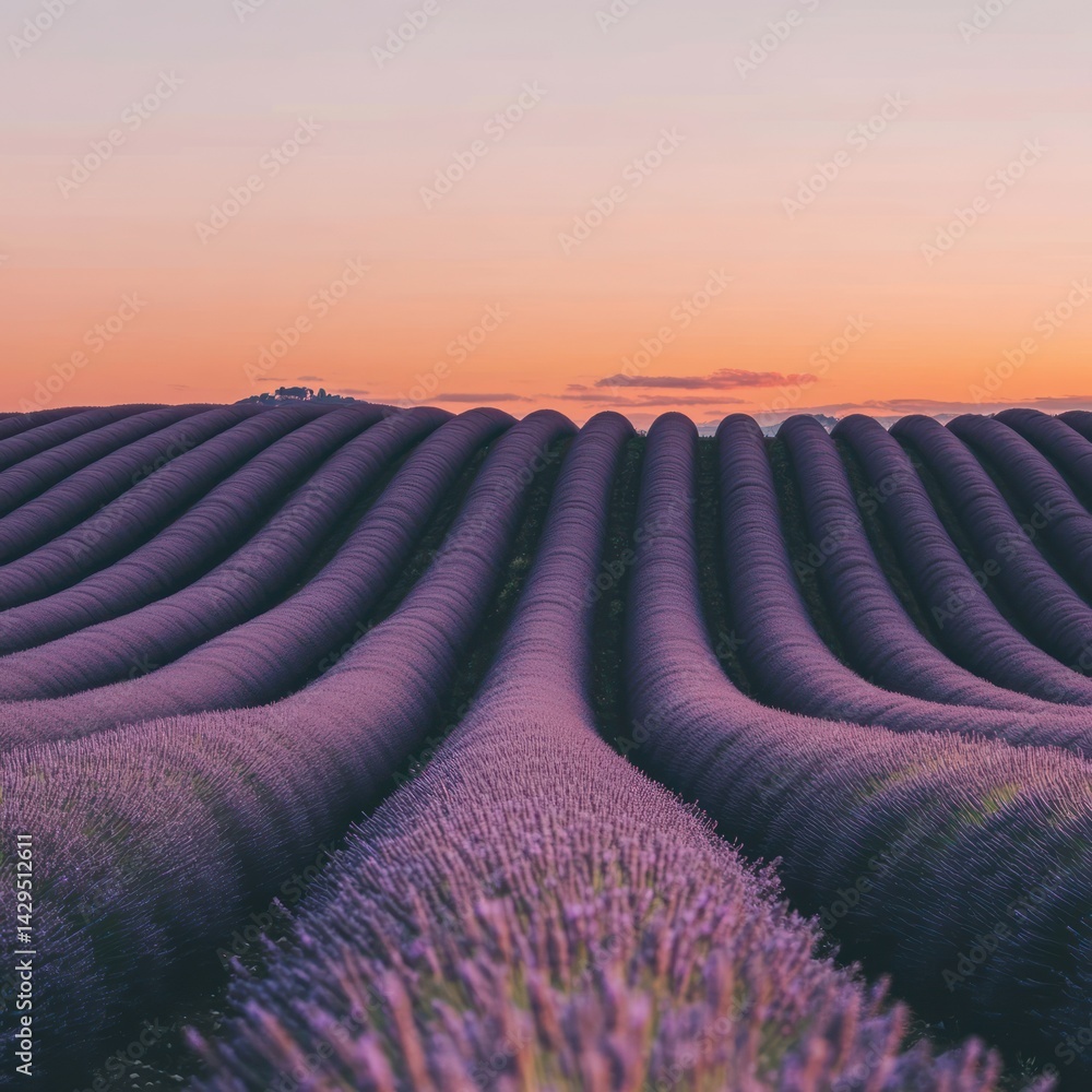 Fototapeta premium Lavender fields at sunrise, rolling hills