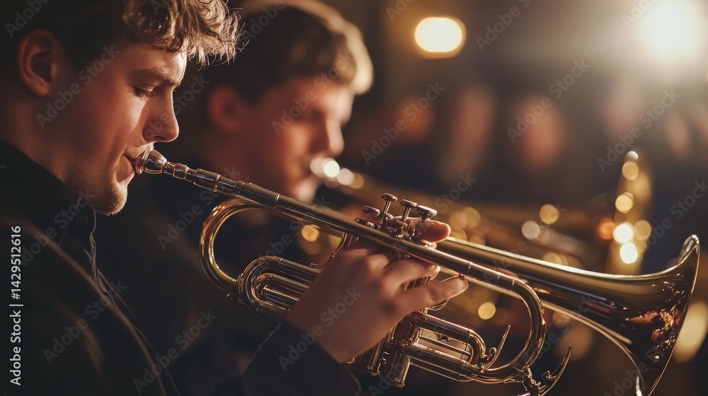 Obraz premium Two brass musicians perform a lively jazz tune.