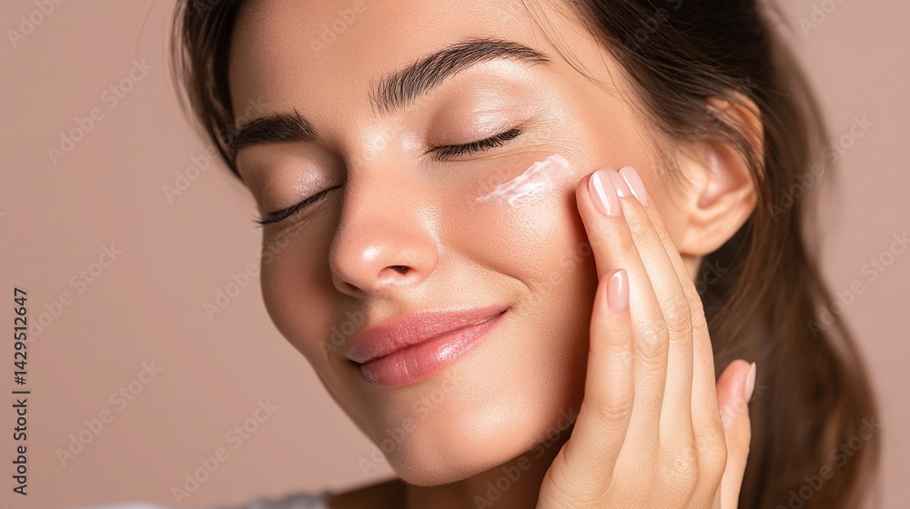 Obraz premium Young Woman Applying Moisturizer with Eyes Closed for Skincare Routine