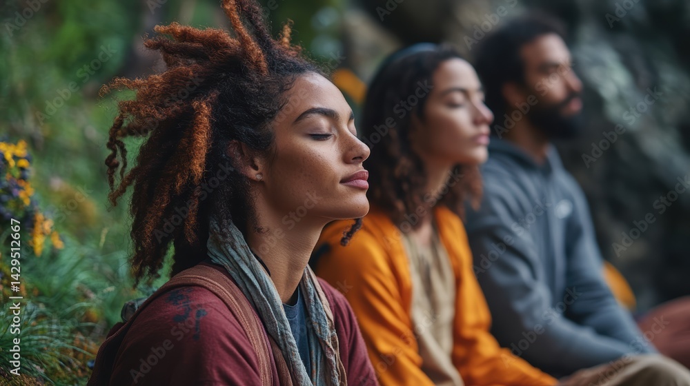 Obraz premium group of travelers doing breathing exercises in nature