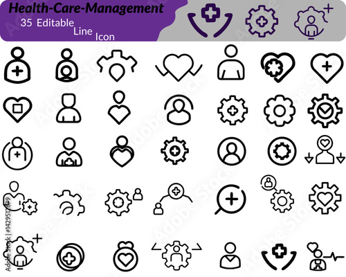 A Health Care Management icon set with icons covering hospitals, doctors, medical records, scheduling, insurance, and patient care—ideal for apps, websites, and health-related projects.