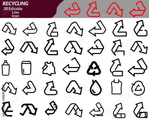 A clean recycling icon set with symbols like recycle arrows, bin, leaf, bottle, paper, compost, globe, and eco-hand—perfect for sustainability apps, environmental campaigns, and green branding.