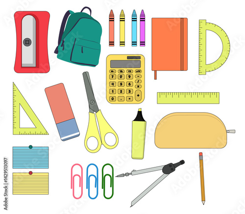 Set of school supply items, Essentials back to school
