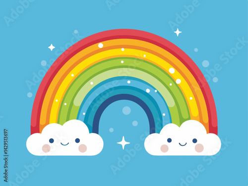 A whimsical vector of a minimal rainbow with soft tones, placed on a baby blue background
