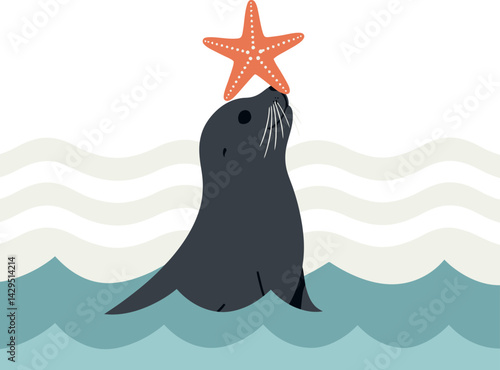 Sea lion balancing orange starfish on nose in stylized ocean waves vector illustration 