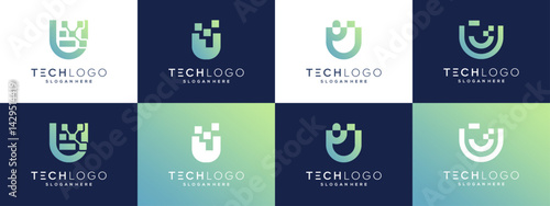 Collection letter U with data pixel technology icons, abstract vector logo template.