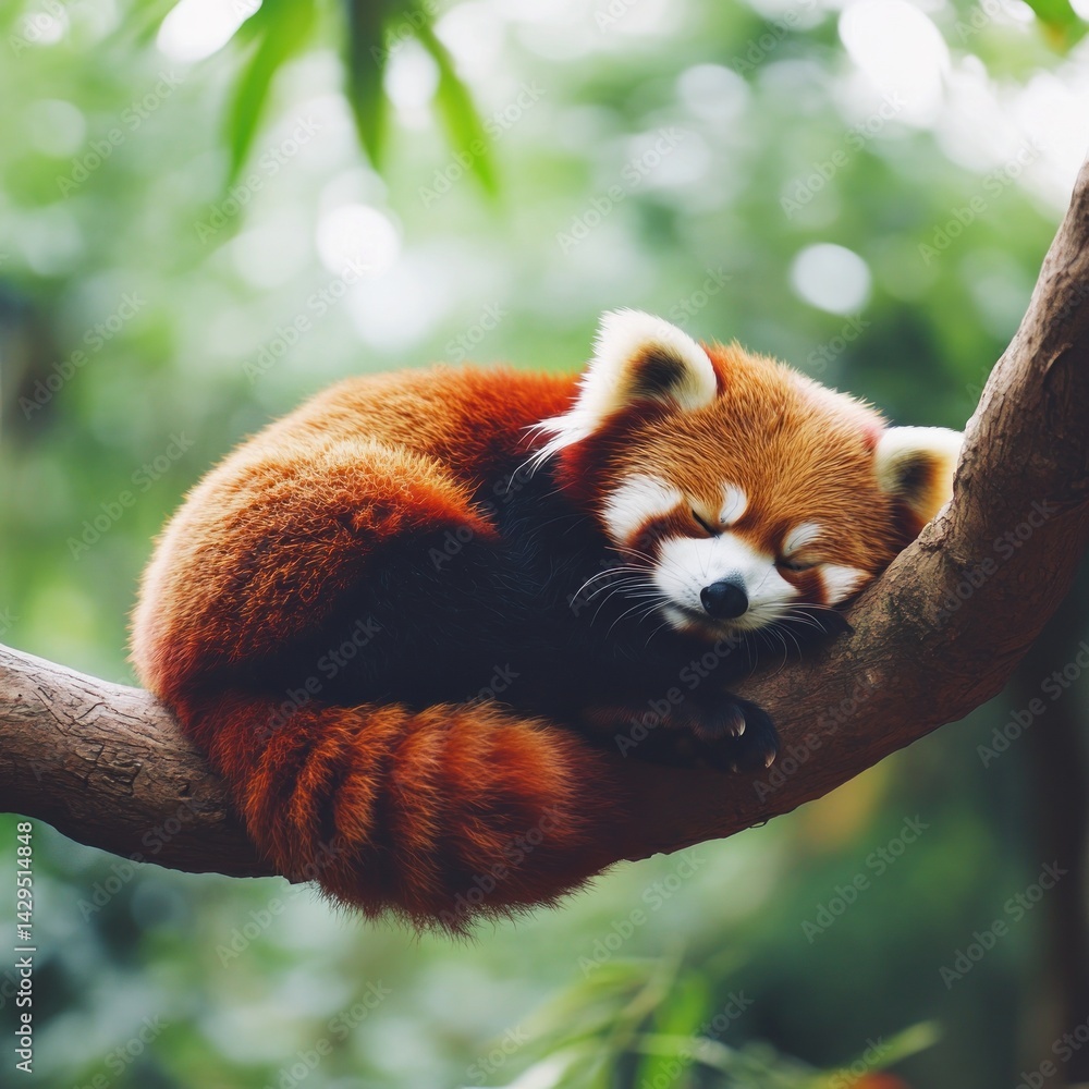 Fototapeta premium Sleepy Red Panda Napping in Jungle Tree