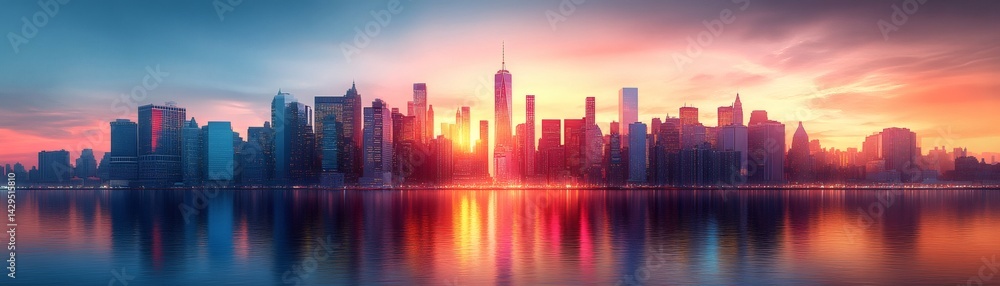 Fototapeta premium City skyline at sunset, reflecting in calm water