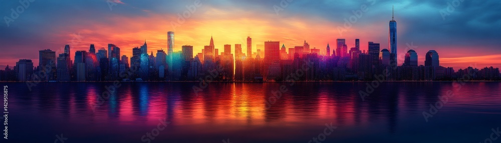 Fototapeta premium A beautiful cityscape at sunset, with the skyline reflecting in the water