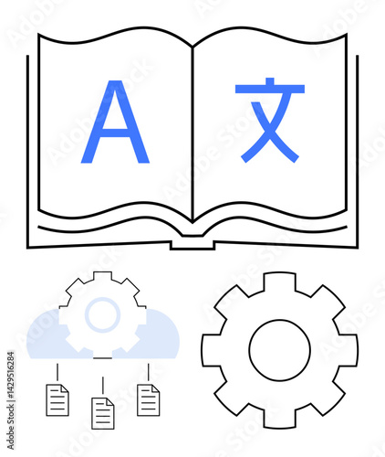 Open book with multilingual characters, cloud storage, gear symbol, automation concept, process management. Ideal for language tools, education, machine learning, globalization digitalization