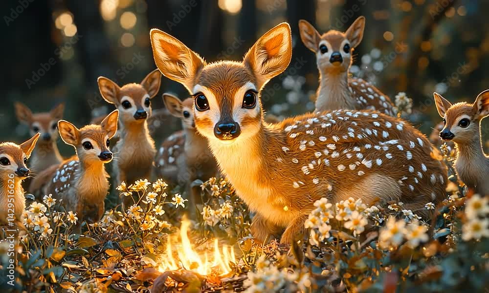 A serene scene of a fawn surrounded by playful deer in a sunlit forest clearing with flowers A serene scene of a fawn surrounded by playful deer in a sunlit forest clearing with flowers