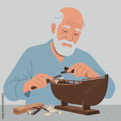 Elderly Man Building Wooden Ship Model Crafting Hobby Illustration in Blue Shirt 
