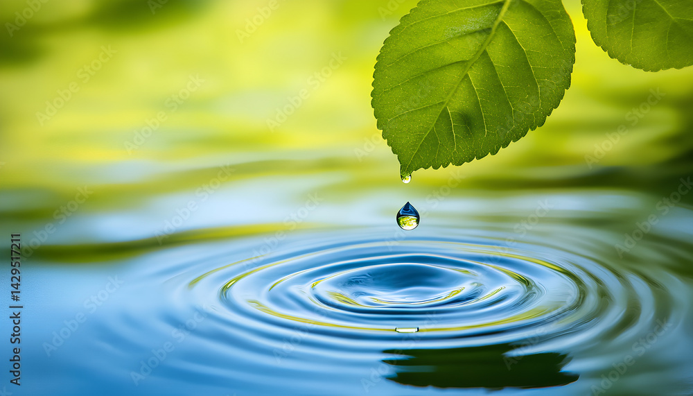Water drop falling from green leaf with dew into water outdoors, closeup Water drop falling from green leaf with dew into water outdoors, closeup