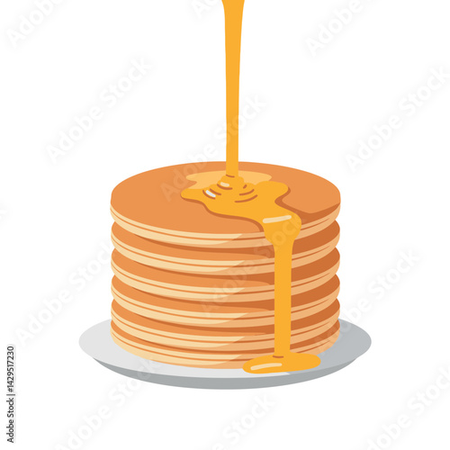 Stack of pancakes with honey pouring on top vector illustration in warm colors 