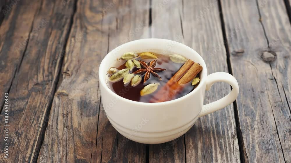 Aromatic spiced tea in a white mug on weathered wooden table surface with steam rising. Aromatic spiced tea in a white mug on weathered wooden table surface with steam rising.