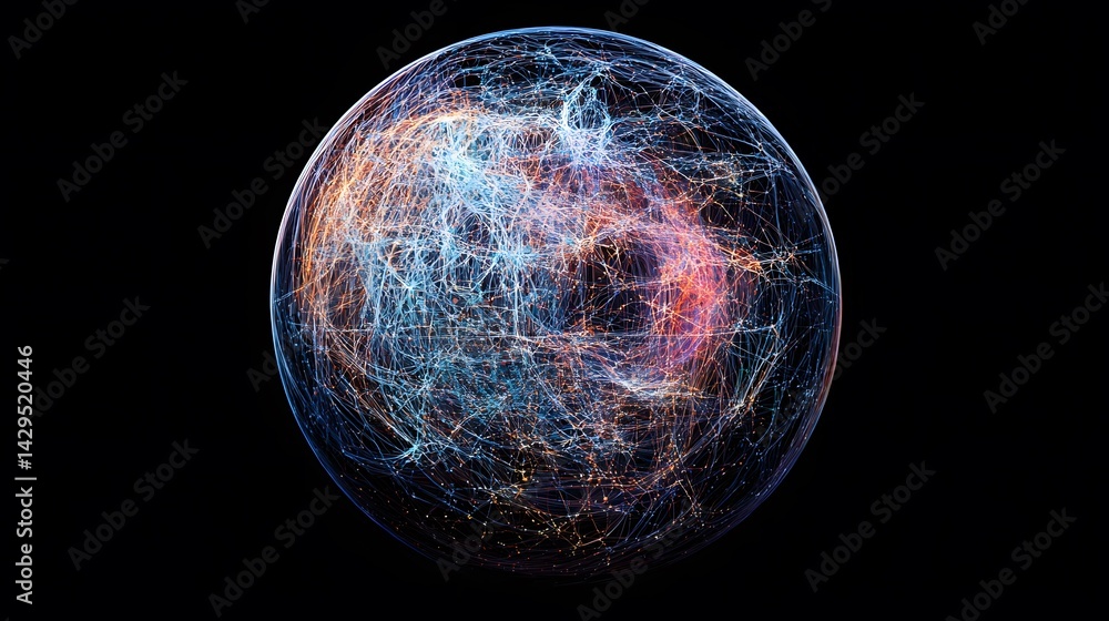 Naklejka premium An abstract representation of a global network, showcasing vibrant connections and intricate patterns, symbolizing the flow of data and communication across the world.