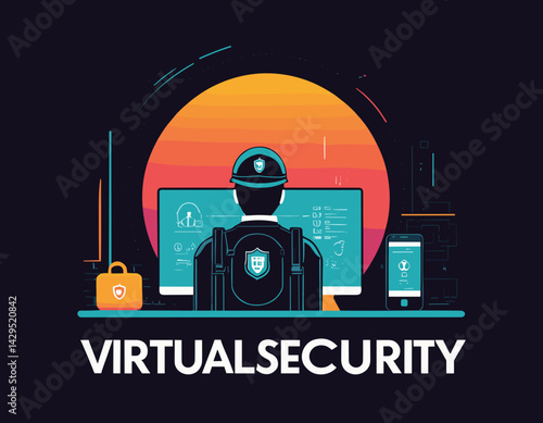 Virtual Security Patrol: Cybersecurity Vector Scene