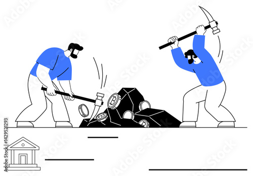 Workers breaking rocks with pickaxes and hammers, extracting resources or wealth. Ideal for teamwork, resource extraction, hard work, economic concepts, mining industry, labor force. Flat simple