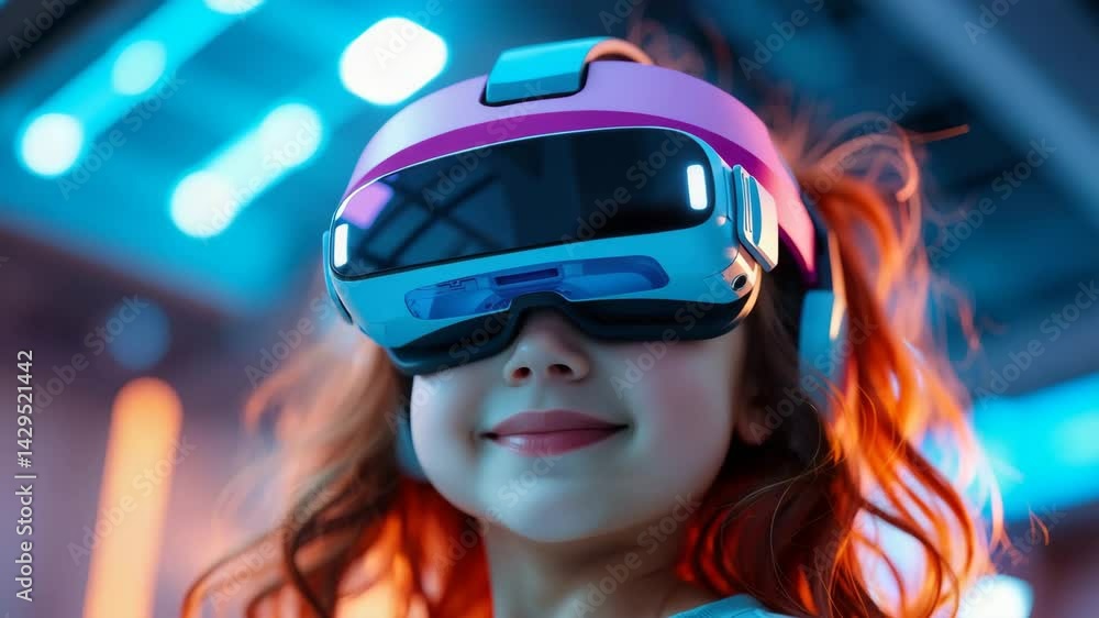 Child smiling while wearing virtual reality glasses in a colorful setting Child smiling while wearing virtual reality glasses in a colorful setting