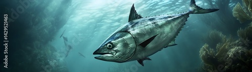 An underwater scene featuring a majestic fish swimming gracefully among sea plants