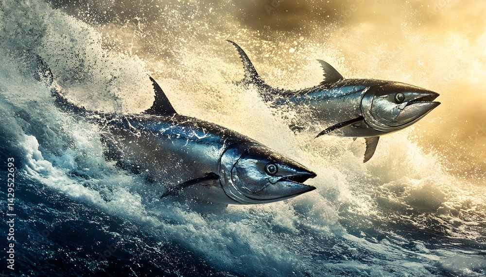 Obraz premium Two magnificent tunas leap gracefully from the ocean, showcasing their powerful bodies against a backdrop of swirling waves and a dramatic sky, embodying the beauty of marine life.