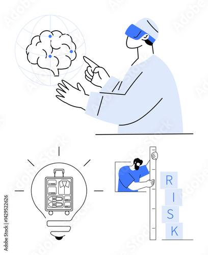 Person using VR headset interacting with neural network, lightbulb symbolizing ideas, risk assessment blocks. Ideal for tech, creativity, innovation, problem-solving, AI, virtual reality simple