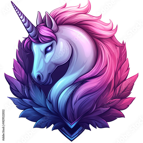 A majestic unicorn portrait with vibrant pink and blue mane on transparent background