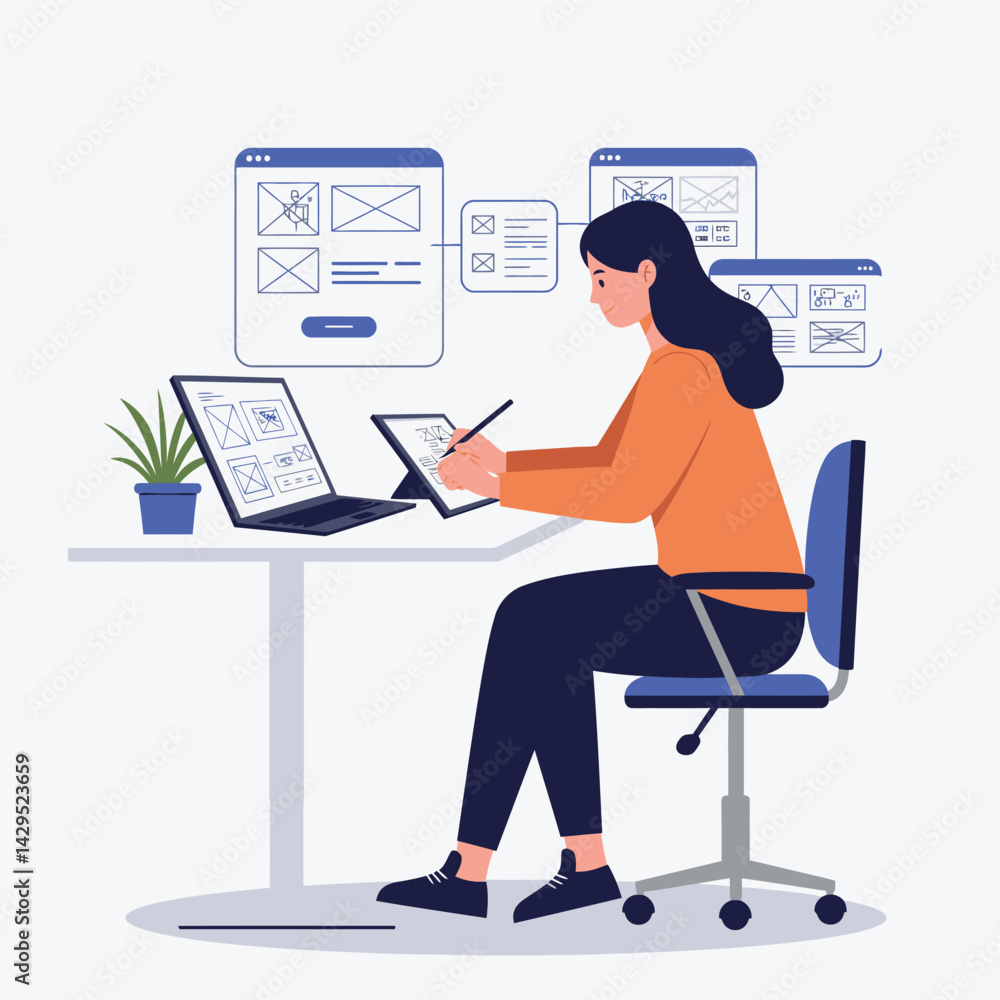 Woman working on digital design project using tablet and laptop at office desk vector illustration Woman working on digital design project using tablet and laptop at office desk vector illustration