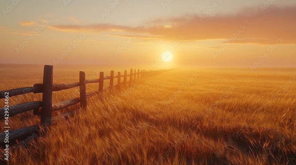 Rustic Fence at Sunrise: Capturing Serenity in a Golden Field Landscape