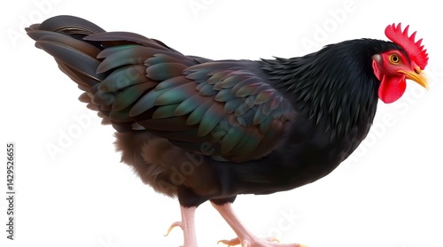 Majestic black rooster with iridescent feathers against a stark white background showcasing vibrant plumage and sleek posture