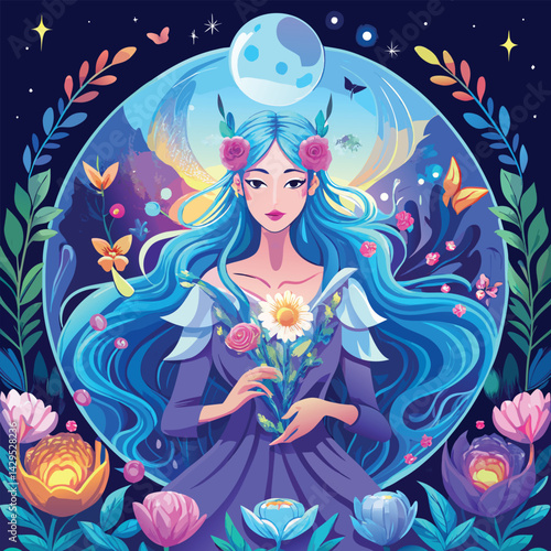 Dreamy Moon Goddess with Flowing Hair, Floral Elements, and Glowing Orb - Magical Realism Art.