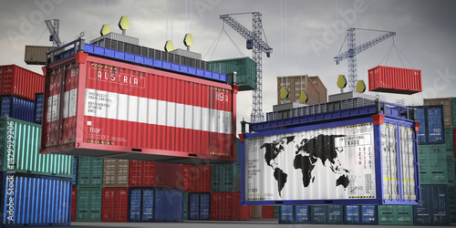 Fotografie Flags of Austria and world map on cargo containers - international trade concept