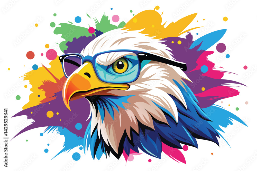 Fototapeta premium Colorful artistic bald eagle in with colorful paint splatters on white background.