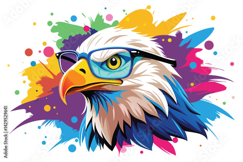 Colorful artistic bald eagle  in with   colorful paint splatters on white background.