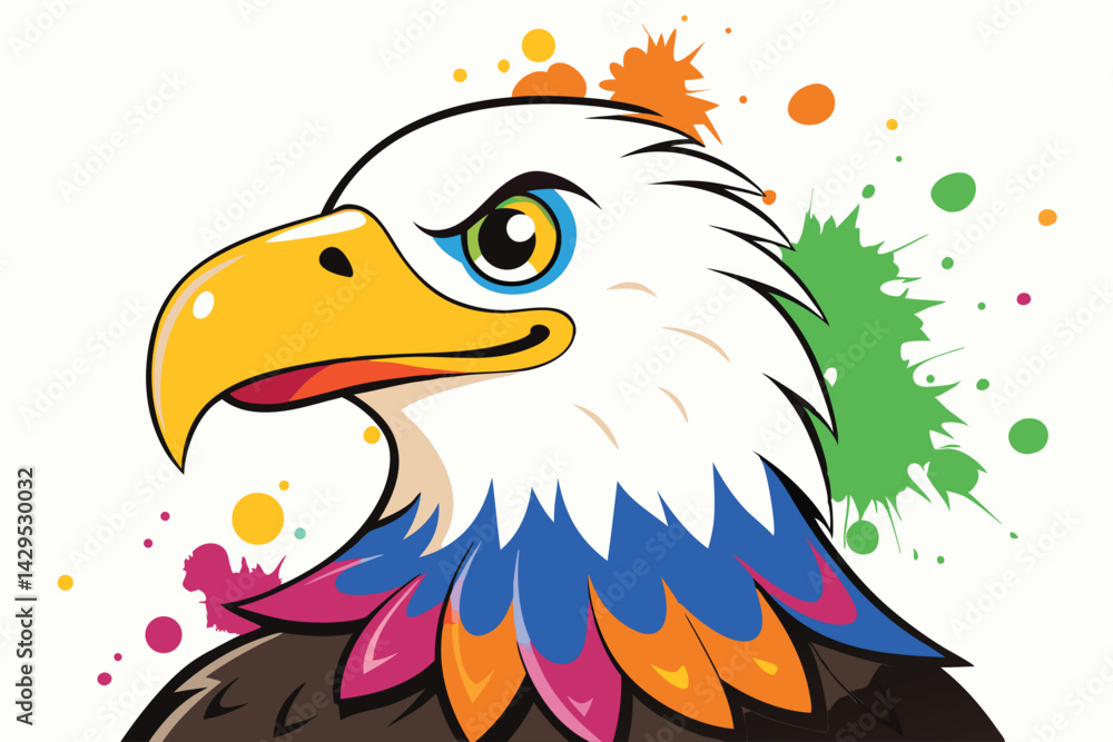 Fototapeta premium Colorful artistic bald eagle in with colorful paint splatters on white background.