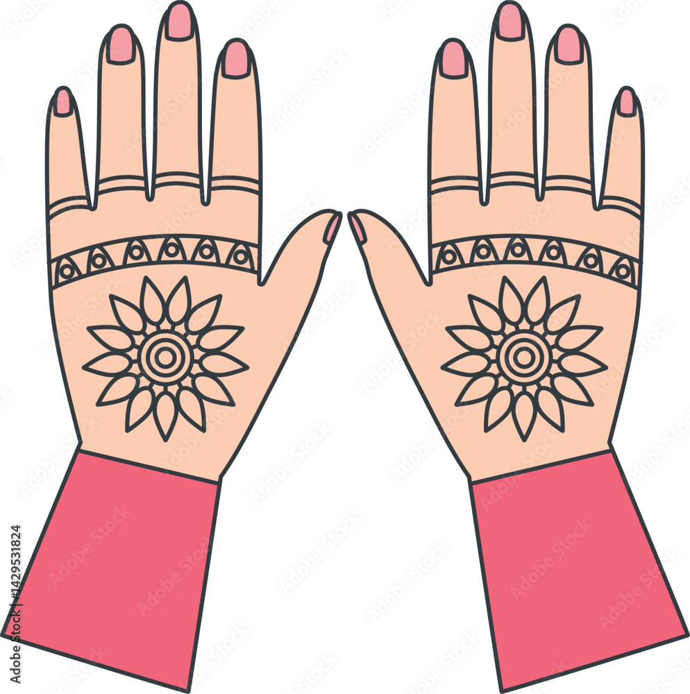Indian Wedding Hands Front View Mehndi Ornament Ceremony Culture Bride Vector