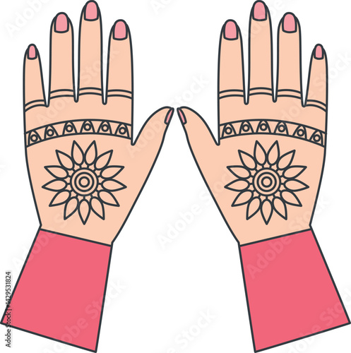 Indian Wedding Hands Front View Mehndi Ornament Ceremony Culture Bride Vector