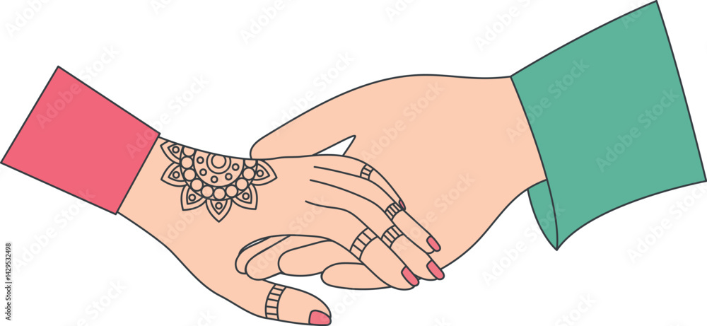 Indian Wedding Hands Holding Gesture Ritual Mehndi Ceremony Couple Ornament Vector