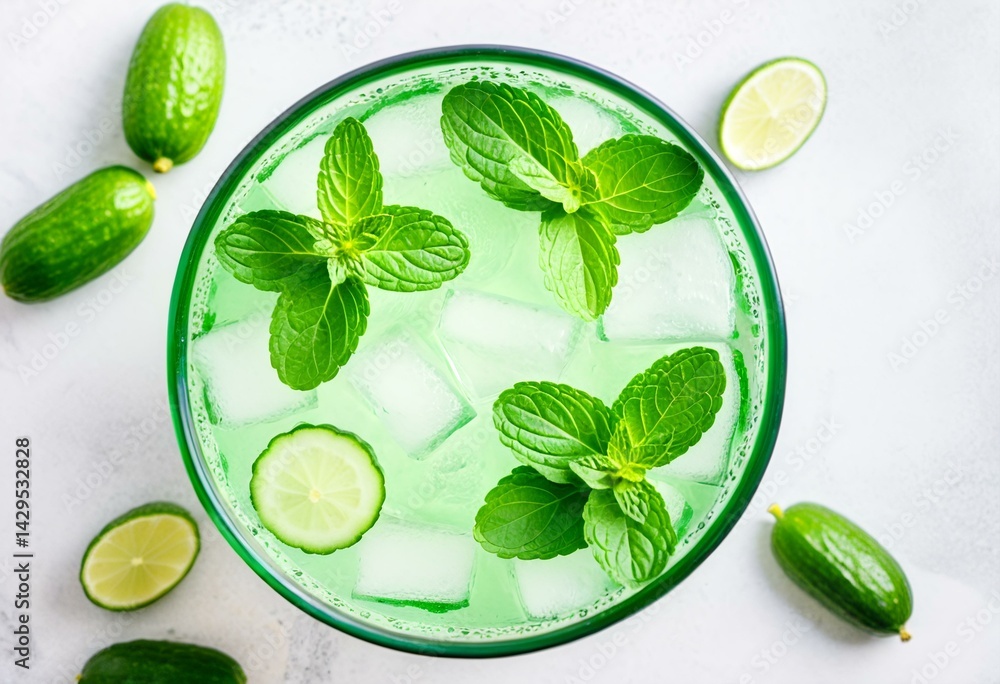 Obraz premium A glass of cucumber mojito with mint and lime slices.