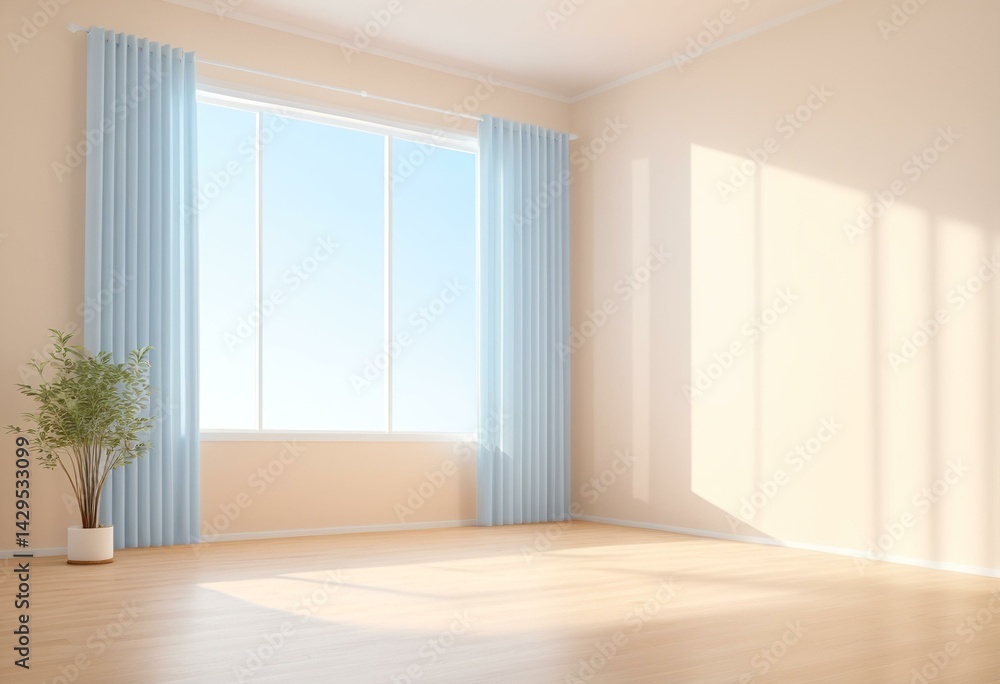 Fototapeta premium A empty room with a large window and a wooden floor.
