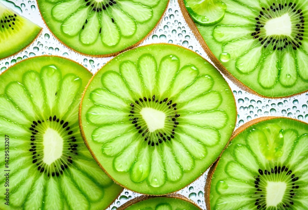 A close up of sliced kiwi fruit on a white surface. A close up of sliced kiwi fruit on a white surface.
