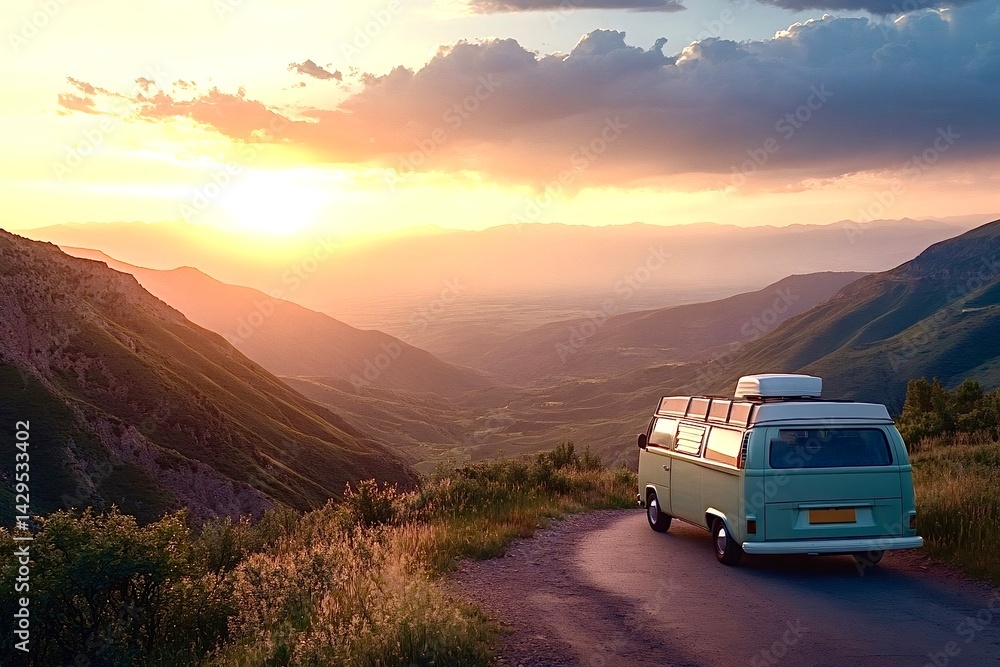 Obraz premium Vintage camper van enjoying golden sunset in mountain landscape